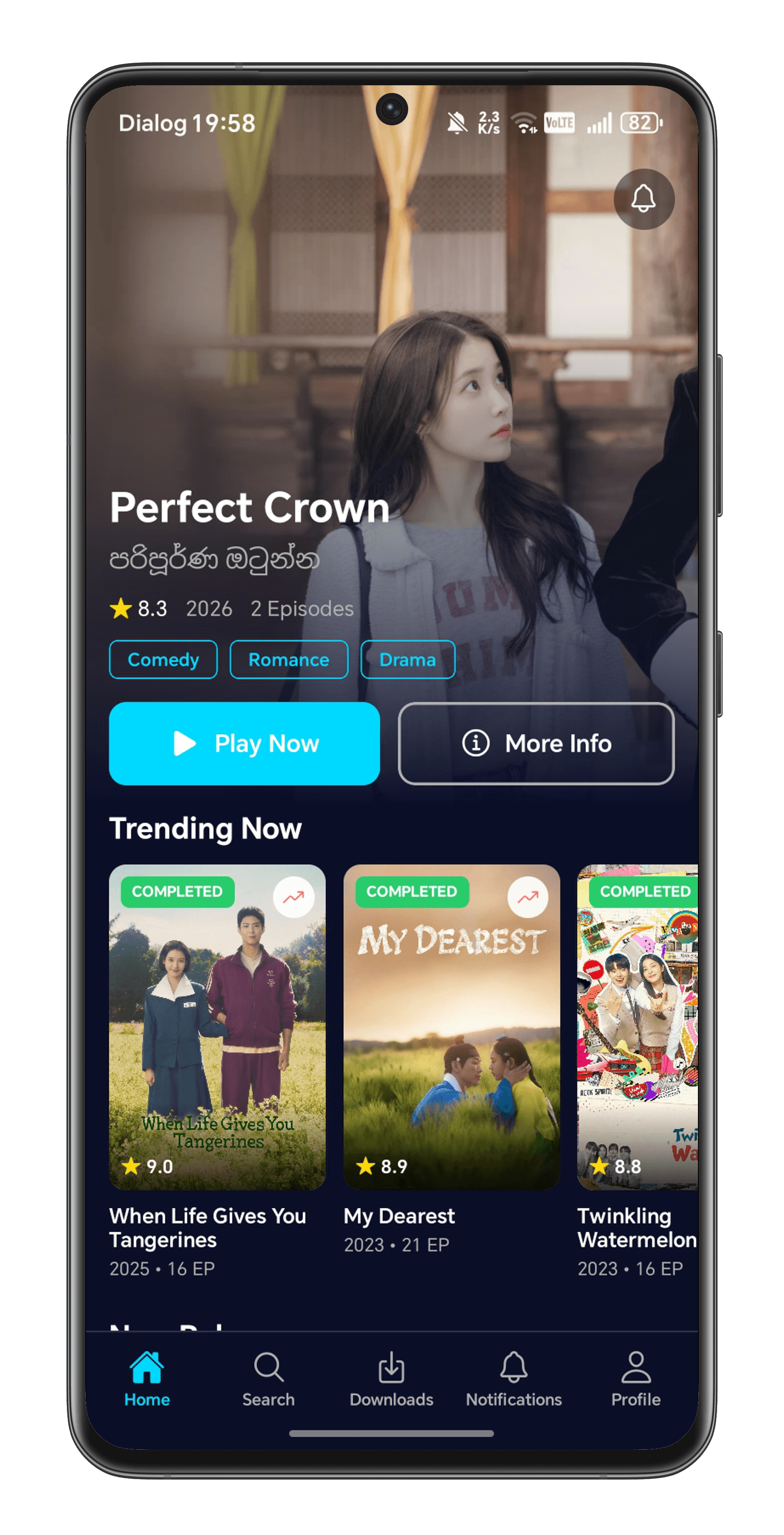 KDSL app showing Perfect Crown K-Drama with trending shows